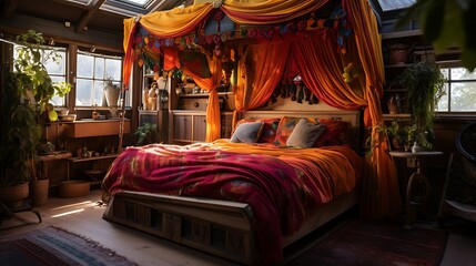 A bohemian-style bedroom with a canopy bed that includes hidden storage drawers - obrazy, fototapety, plakaty
