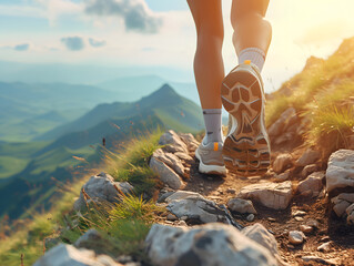 A person wearing shoes is hiking up a rocky mountain trail at sunset. The focus is on the shoes - obrazy, fototapety, plakaty