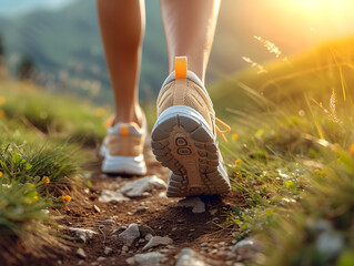 A person wearing shoes is hiking up a rocky mountain trail at sunset. The focus is on the shoes