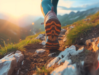 A person wearing shoes is hiking up a rocky mountain trail at sunset. The focus is on the shoes - obrazy, fototapety, plakaty