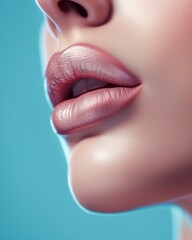 Close-Up of a Woman's Lips with Shimmering Nude Lipstick. Makeup artist or cosmetology concept. Instagram friendly aspect ratio.