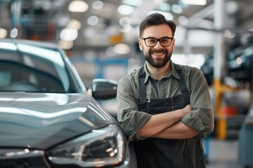 A cheerful Caucasian male mechanic with a beard, wearing glasses and overalls, confidently stands with crossed arms in front of a car in a well-equipped automotive repair shop