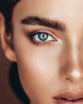Close-Up of a Woman's Eye with Impeccable Eyebrows . Makeup artist or cosmetology concept. For social network.