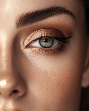 An enchanting close-up image capturing a woman's eye adorned with warm brown eyeshadow, highlighting her multi-tonal iris and shaped eyebrow. Makeup artist or cosmetology concept. For social network.