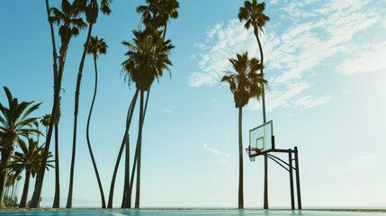 basketball court on the city beach, against the backdrop of tall palm trees and the sky, copy space for advertising - Powered by Adobe