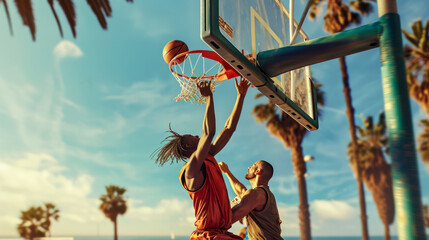 Athletic men playing basketball outdoors, fighting for the ball under the hoop, blue sky and palm trees on the beach