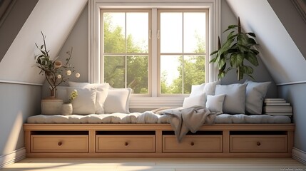 A bedroom with hidden storage within a window seat or alcove, maximizing space and comfort - obrazy, fototapety, plakaty