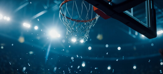 Bottom view of a basketball hoop in an arena under spotlights, preparation for a match, copy space...