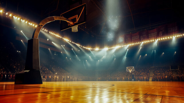 3D project of a basketball arena in the rays of spotlights, preparation for competitions, copied space for the concept