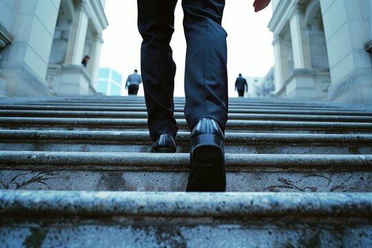 A businessman hurries up the stairs, embodying the idea of climbing the career ladder to success.