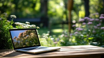 A laptop is sitting on a wooden table in a garden. Generative AI. - Powered by Adobe