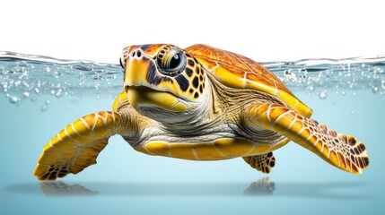 Fototapeta premium A turtle swimming in the water with bubbles. Generative AI.
