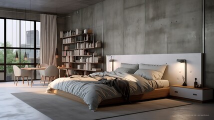 A bedroom with hidden cabinets and a faux concrete finish on the walls, embracing an urban aesthetic