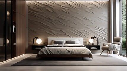 A bedroom with hidden cabinets and a statement textured wall, such as a geometric accent wall or textured wallpaper