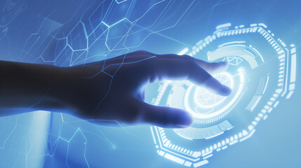 A hand interacts with a futuristic holographic interface, suggesting advanced technology and user interface design.