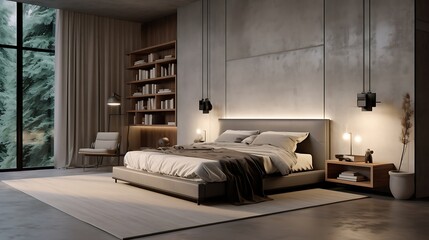 A bedroom with hidden cabinets and a faux concrete finish on the walls, embracing an urban aesthetic