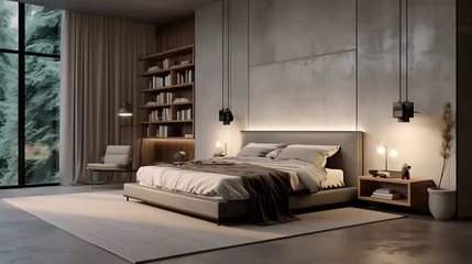 Foto op Plexiglas A bedroom with hidden cabinets and a faux concrete finish on the walls, embracing an urban aesthetic © Warda