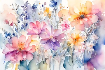 A Masterpiece in Watercolor Depicting Exquisite Floral Blooms, Executed with Delicate Hues and Subtle Tones, Embellished with Intricate Floral Arrangements and Fanciful Compositions, Evoking Ethereal 