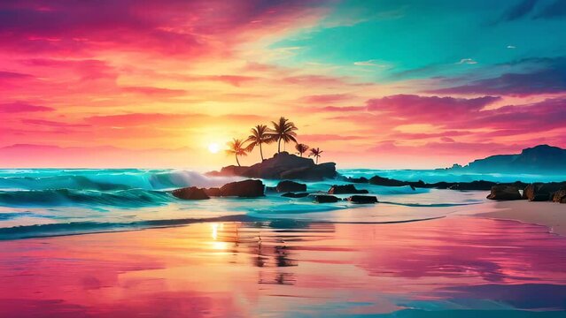 The image depicts a serene beach scene with a clear blue sky, gentle waves, and a solitary palm tree
