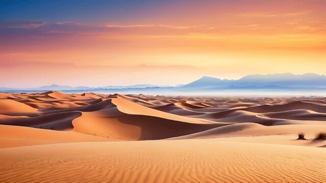 Saharan Sunset: A vibrant portrayal of the desert's golden hues, as the sun dips below the horizon amidst the sweeping sand dunes