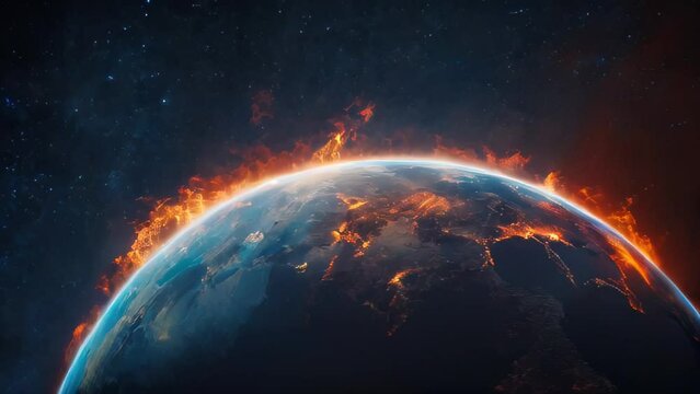 Earth with fire  in Space: A 3D depiction of our planet floating amidst the stars, illuminated by the distant glow of the sun