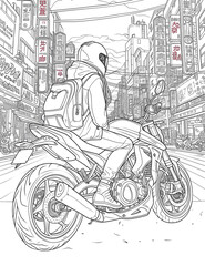 Biker on a motorcycle. Traveling through future cities. A girl on a motorcycle wearing a helmet. Illustration for coloring book