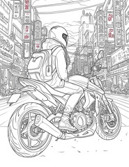 Plakat Biker on a motorcycle. Traveling through future cities. A girl on a motorcycle wearing a helmet. Illustration for coloring book