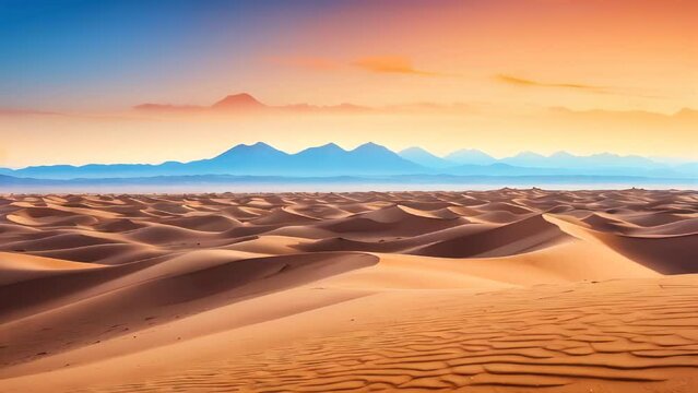 Golden Horizon: A breathtaking view capturing the serene beauty of a beach sunset, blending seamlessly with the tranquil hues of a desert sunset, and adorned by the majestic sand dunes in the vast des