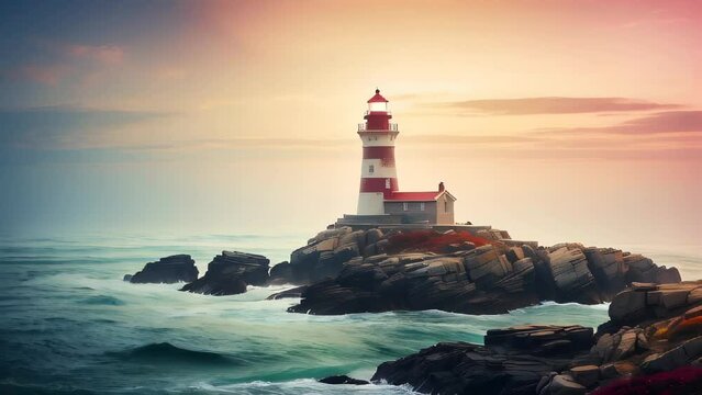 Sunset Glow Illuminates Coastal Lighthouse by the Rocky Shore in Maine