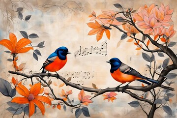 A Serene Encounter with Nature's Beauty in High-Definition - Two Small Birds Perched on Weathered Fabric. A Multilayered Mixed Media Tribute to Musical Academia, Marrying Light Orange and Gray Tones, 