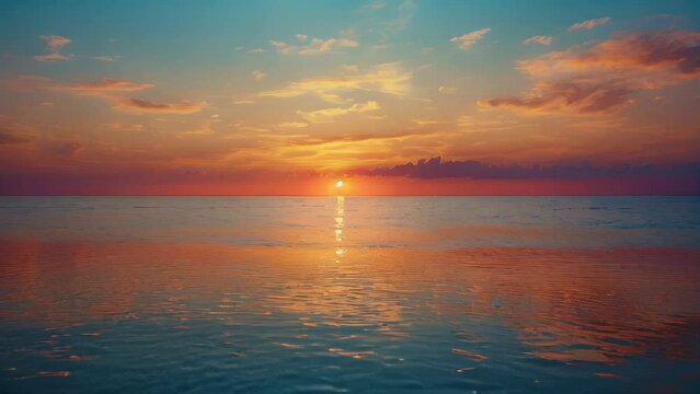 Vivid Sunset Casting Warm Hues on the Tranquil Sea with Clouds Painting the Horizon in an Idyllic Coastal Landscape
