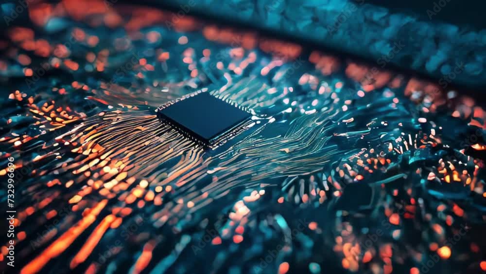 Poster close-up view of a green computer circuit board showcasing electronic components such as chips, proc