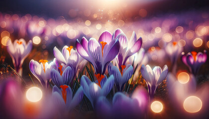 Magical Evening Light Shining Through Delicate Purple Crocuses in Full Bloom Easter Background - obrazy, fototapety, plakaty