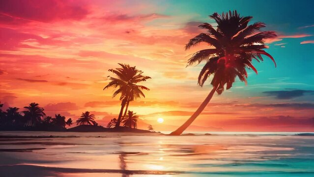 Evening Serenity: Tropical Beach Sunset with Silhouetted Palm Trees Overlooking the Ocean in Hawaii's Paradise