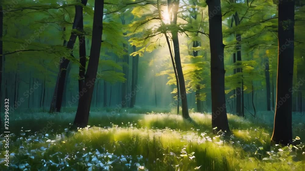 Poster misty morning sunlight filters through the dense foliage of a tranquil forest, creating a serene atm