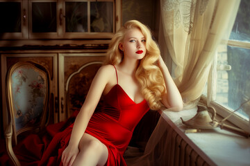 Fototapeta premium Portrait of a sexy beautiful woman over vintage background. Blonde Pin-Up Model, and Vintage Makeup