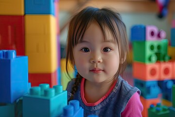 A young girl is playing with building blocks either at kindergarten or at home.