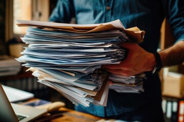 A businessman holding a pile of paper documents.
