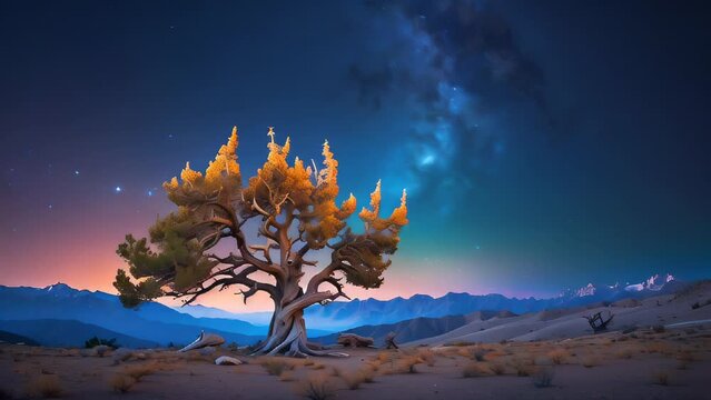 milkyway in sky with landscape and old tree