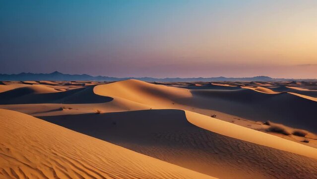 A vibrant desert landscape featuring a breathtaking sunset and sunrise, adorned with golden sand dunes stretching into the horizon under a colorful sky