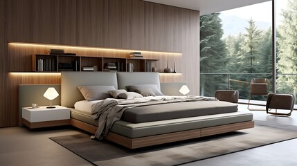 A bedroom with built-in hidden storage within the headboard, allowing for a seamless design - obrazy, fototapety, plakaty