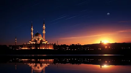 Foto auf Leinwand Mosque sunset sky, moon, holy night, islamic night and silhouette mosque, panaromic islamic wallpaper © chanidapa