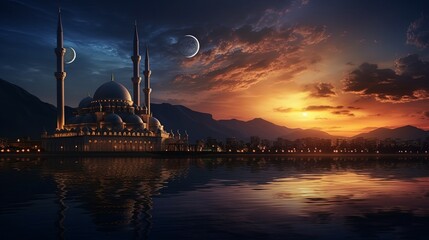 Mosque sunset sky, moon, holy night, islamic night and silhouette mosque, panaromic islamic wallpaper - obrazy, fototapety, plakaty