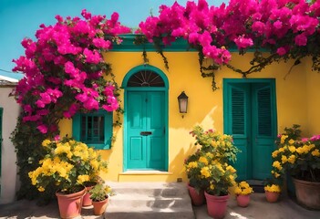 bright yellow exterior with a blue door and pink flowers climbing the walls.