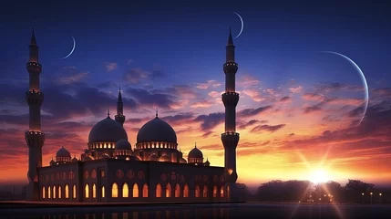  Mosque sunset sky, moon, holy night, islamic night and silhouette mosque, panaromic islamic wallpaper © chanidapa