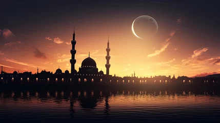Keuken spatwand met foto Mosque sunset sky, moon, holy night, islamic night and silhouette mosque, panaromic islamic wallpaper © chanidapa