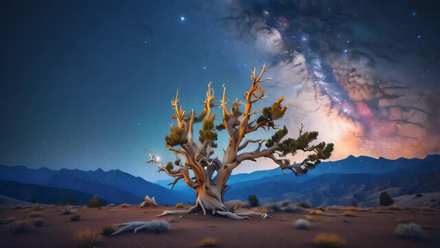 Desert Night Tree: A serene landscape with a lone tree standing proudly under the night sky, surrounded by the beauty of nature, mountains, and a touch of autumn, capturing the essence of a peaceful j