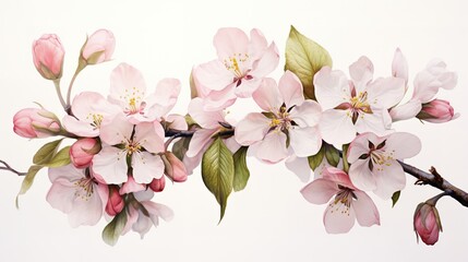 pink and white apple flowers on white background, generative ai, 