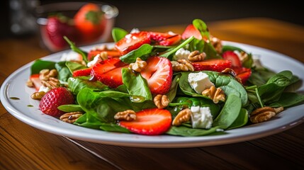 Plate of homemade fresh salad of baby spinach leaves, sliced strawberries, walnuts, feta cheese, and a light vinaigrette dressing. Selective focus with extreme shallow depth of field.