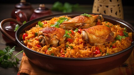 Puerto Rican dish asopao de pollo, a cross between soup and paella, is an easy, hearty one-dish meal featuring juicy chicken thighs, rice and seasonings closeup on the bowl on the table. Horizontal